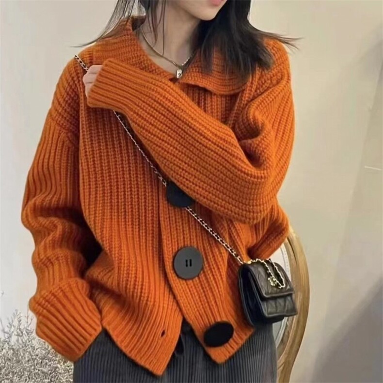 欧范纯山羊绒开衫女POLO领宽松加厚时尚大扣翻领羊毛针织毛衣外套,女装羊毛衫,隆格羊绒