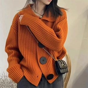 欧范纯山羊绒开衫女POLO领宽松加厚时尚大扣翻领羊毛针织毛衣外套
