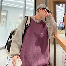 2024秋冬季圆领毛衣男生复古线衣慵懒风撞色条纹新款针织衫，男装针织衫/毛衣，星座716-4