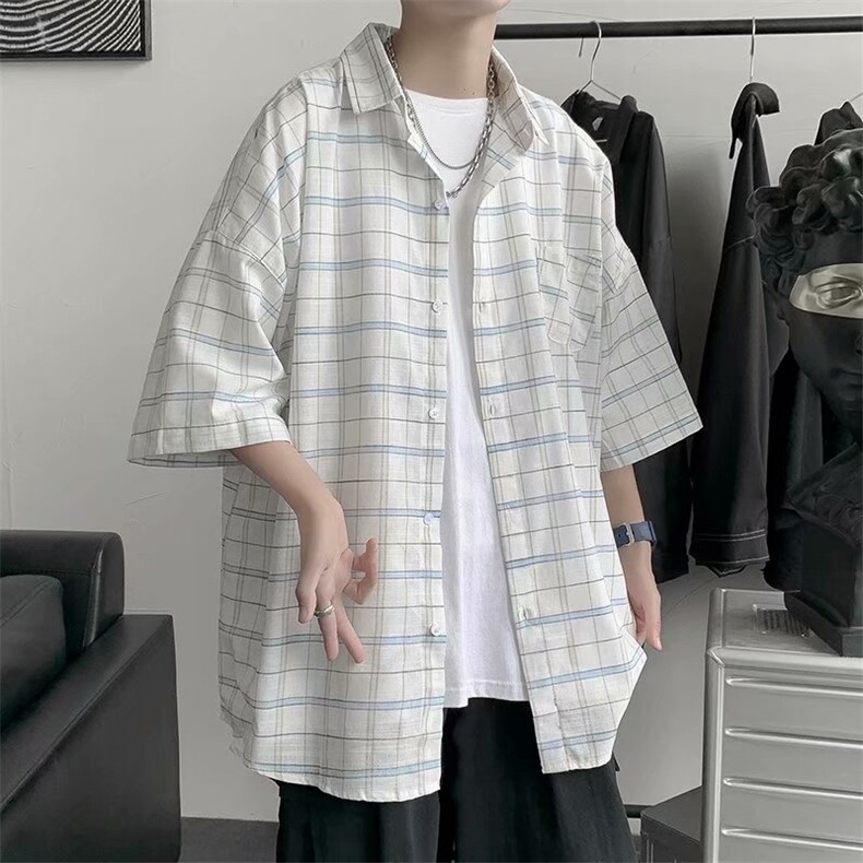 格子衬衫男短袖港风ins衬衣夏季韩版潮流宽松休闲外套CS26-P30图片
