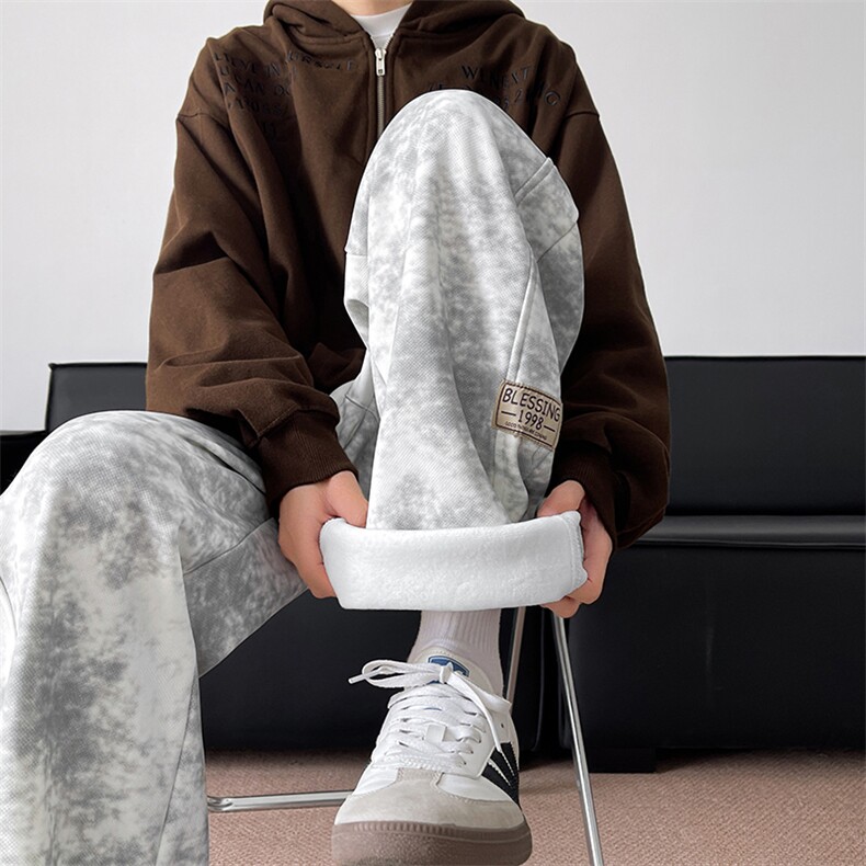 加绒加厚脏脏裤子男款秋冬直筒阔腿休闲裤加长扎染弯刀裤KZ025P45,男装卫衣,电商B312