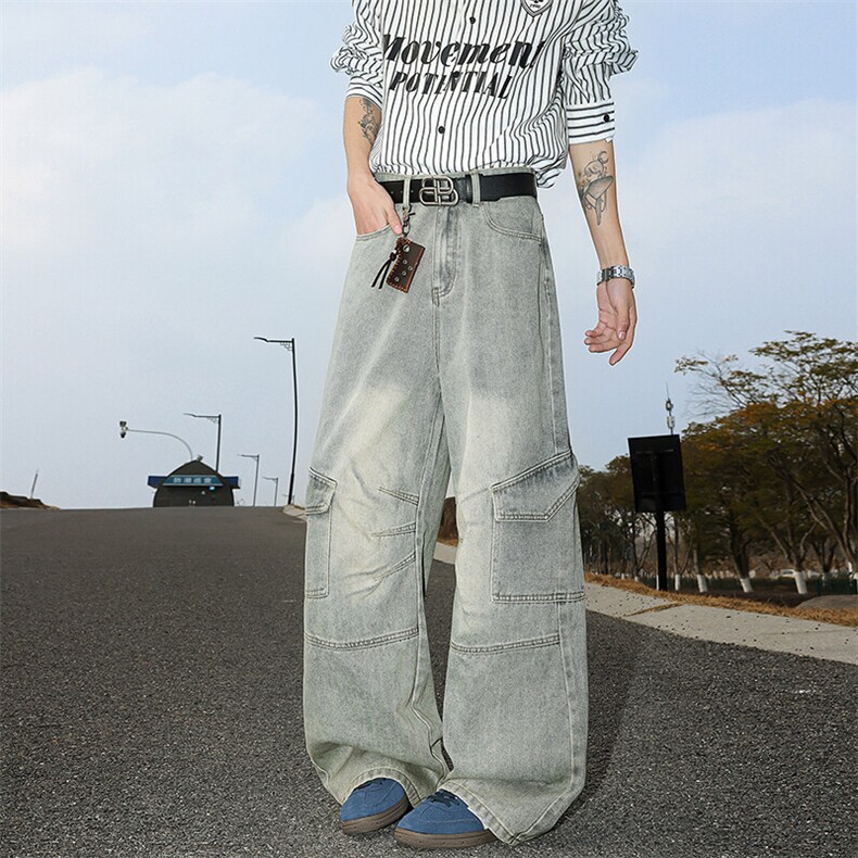 春款热卖货足裤子高街水洗大口袋牛仔裤港风宽松阔腿长裤K706TP55，男装牛仔裤，电商A102B