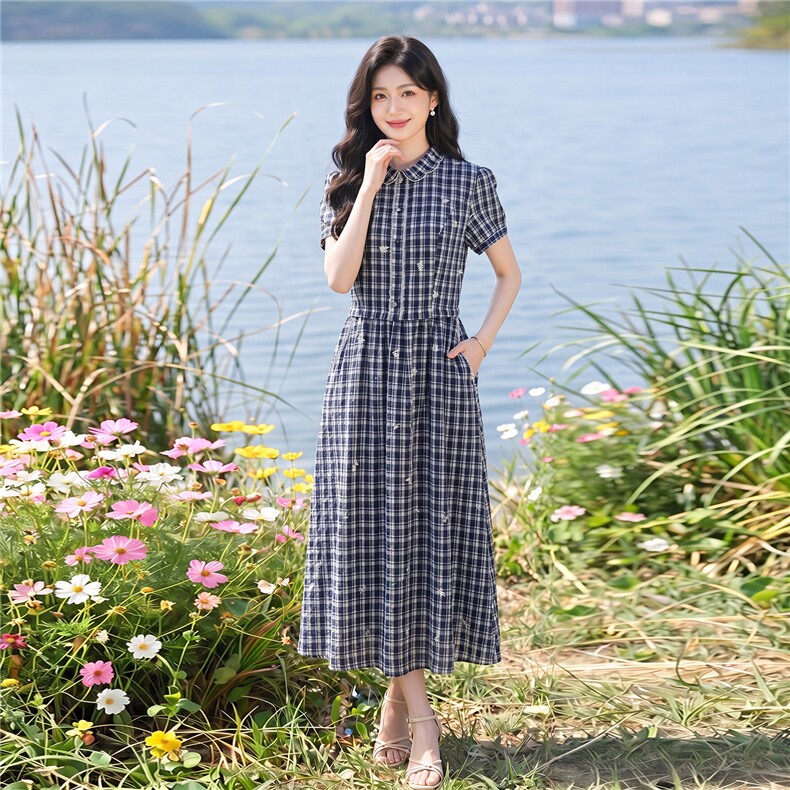 夏季格纹绣花收腰显瘦学院风优雅气质连衣裙,女装连衣裙,水衣源