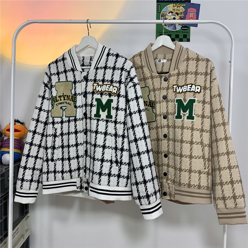 2025秋款新款格子毛呢夹克刺绣男士呢料外套棒球服JK835-P85,男装夹克,电商A006