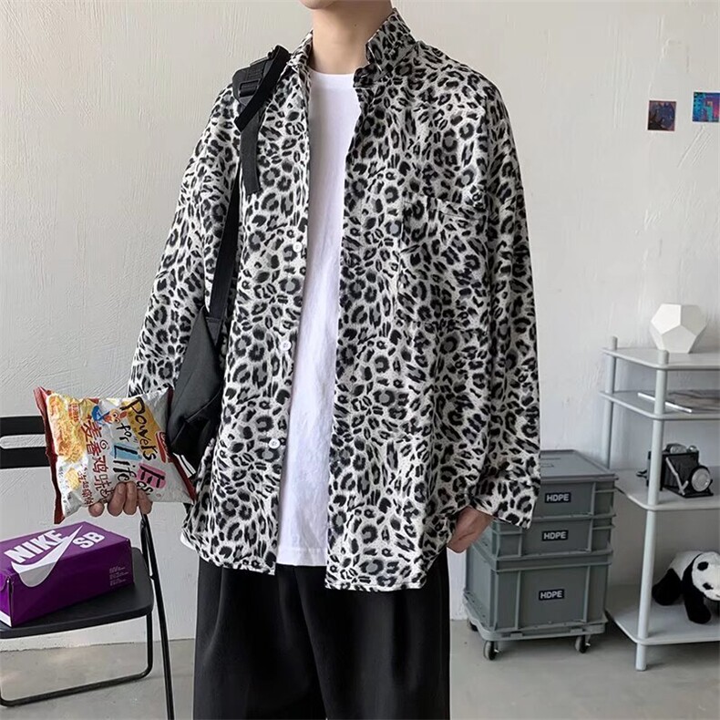 豹纹长袖衬衫男韩版潮流设计感小众港风痞帅日系衬衣外套C173/P30,男装衬衫,星座506