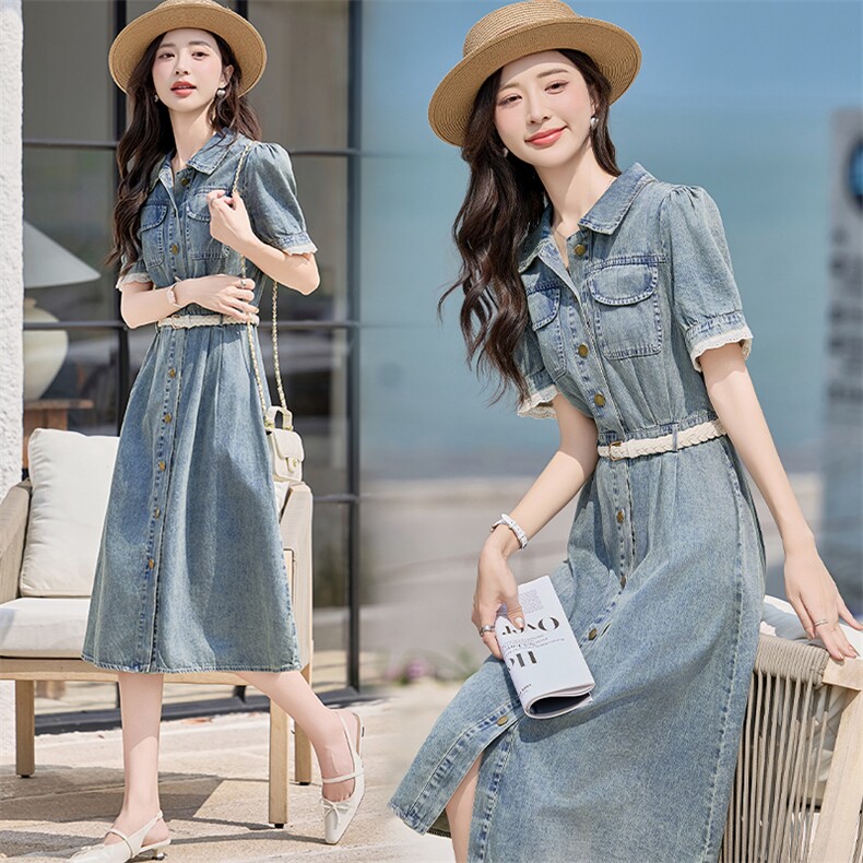 甜美蕾丝拼接短袖牛仔连衣裙女2025夏新款收腰显瘦休闲翻领衬衫裙，女装牛仔裙，悦祺