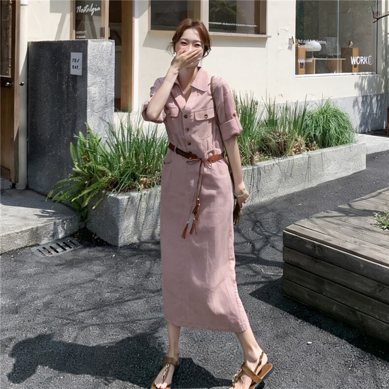 《档口现货26夏上新》天丝亚麻气质连衣裙大裙摆舒适透气配腰带，女装连衣裙，苗苗