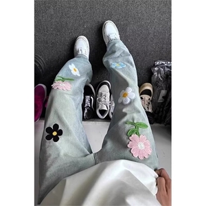 1506-1/K东方服饰7611/P55花朵牛仔裤男款设计感潮牌阔腿裤子高腰
