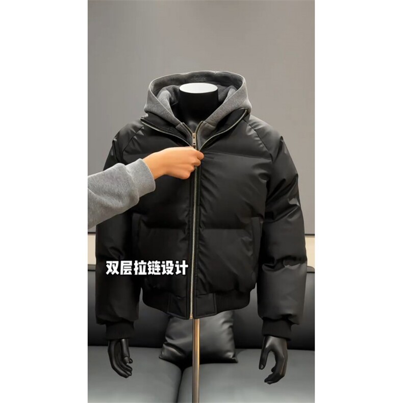 网图美式假两件pu皮短款棉服男款冬季加厚工装棉袄连帽外套特P89,男装皮衣,电商C306-1