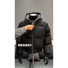 网图美式假两件pu皮短款棉服男款冬季加厚工装棉袄连帽外套特P89，男装皮衣，电商C306-1
