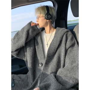 韩高级感灰色连帽毛衣男松弛慵懒风秋冬针织开衫外套潮MYB106图片