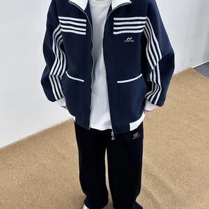 立领拼接条纹开衫外套男女秋冬季复古休闲运动夹克上衣 JK018图片