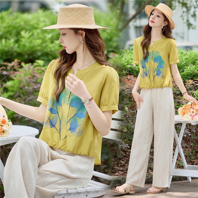 现货。套装女装2026夏装新款短袖上衣阔腿裤妈妈休闲印花两件套,女装套装/套裙,依万里