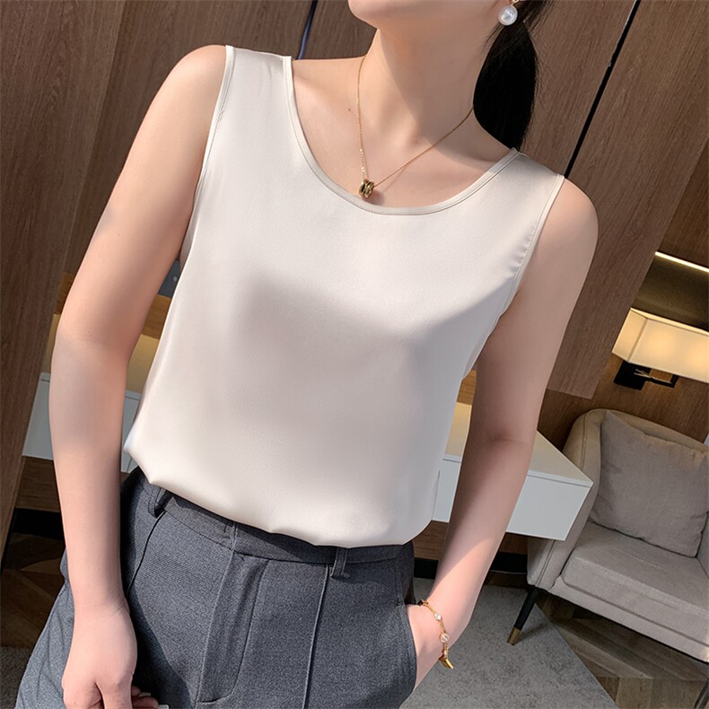 真丝小吊带背心女夏季圆领配西装内搭宽松打底桑蚕丝上衣丝质缎面,女装背心吊带,朝贺羊绒
