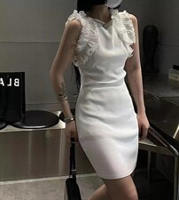 无袖冰丝连衣裙袖口木耳边设计，女装连衣裙，ZIA