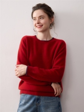 秋冬新款100%羊绒衫女圆领拼色套头毛衣宽松慵懒风针织打底上衣，女装针织衫/毛衣，暖绒情旗舰店