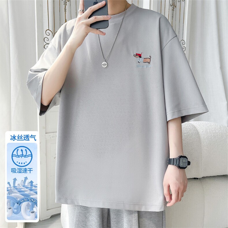 2025夏季新款旋律风车大码冰丝小狗刺绣T恤M-5XHT25465-特P25,男装T恤,电商A022