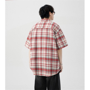 美式格纹短袖衬衫男女夏季宽松衬衣休闲情侣外套1008-LM1355-P40图片