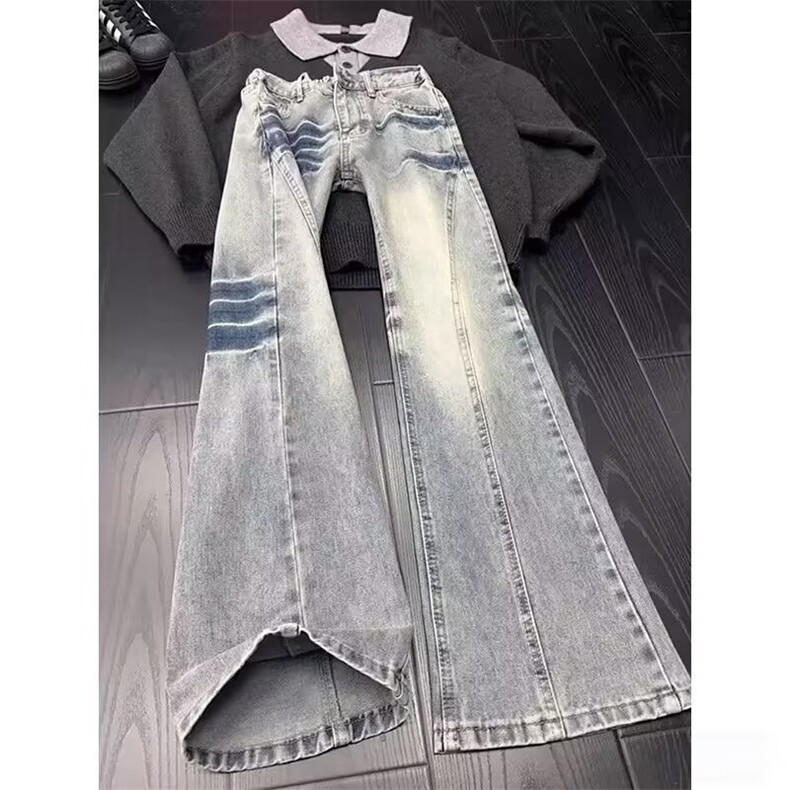 现货美式水洗磨白猫须直筒微喇牛仔裤男女复古百搭宽松裤子情侣，男装牛仔裤，星座302B-3