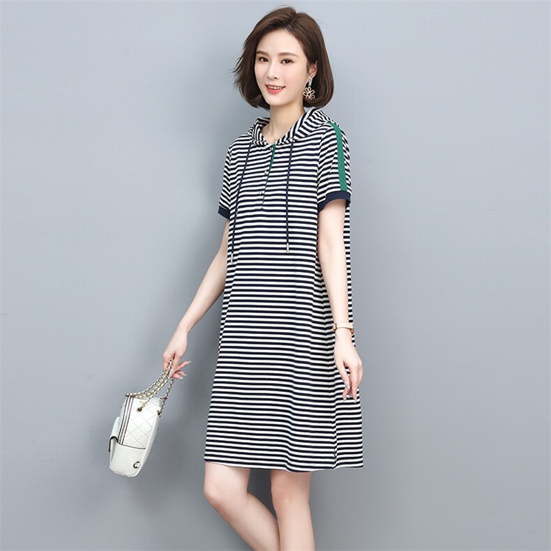 2022年夏季新款韩版条纹连衣裙针织卫衣裙套头中长款通勤,女装连衣裙,忆绮罗