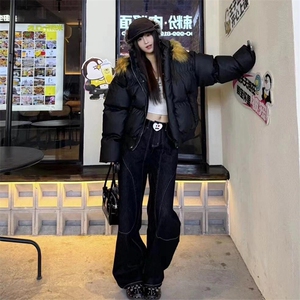 现货三防重磅硬挺boxy短款羽绒棉衣座山雕大毛毛领PU皮棉服外套冬图片
