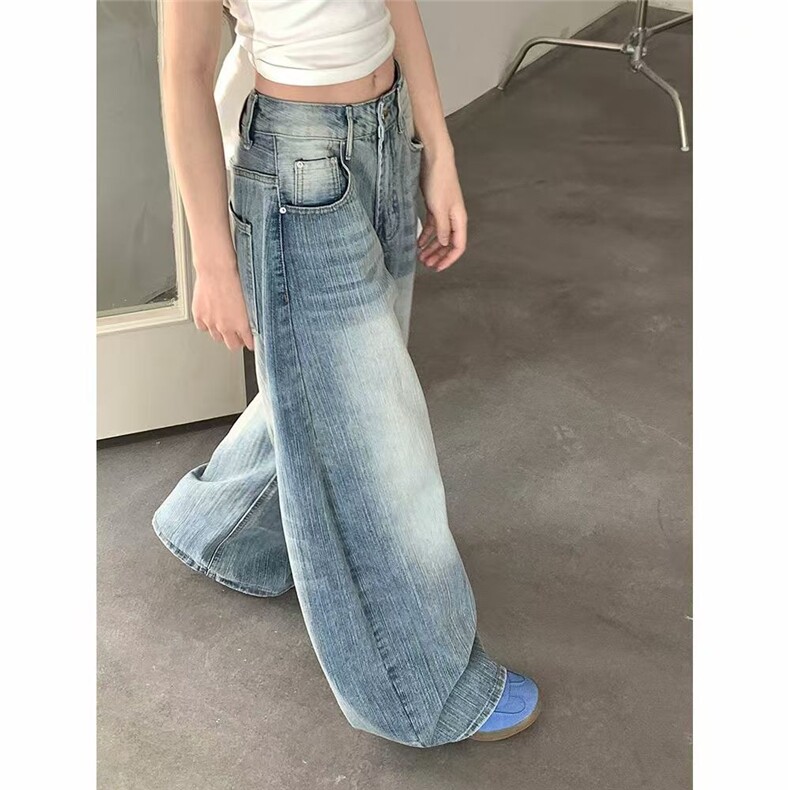 美式高街竹节纹水洗做旧弯刀牛仔裤女夏季辣妹宽松显瘦阔腿拖地裤,男装牛仔裤,星座1210-1
