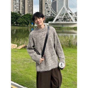 秋冬季新款加厚美式复古时尚提花宽松圆领套头针织毛衣男女MN68图片