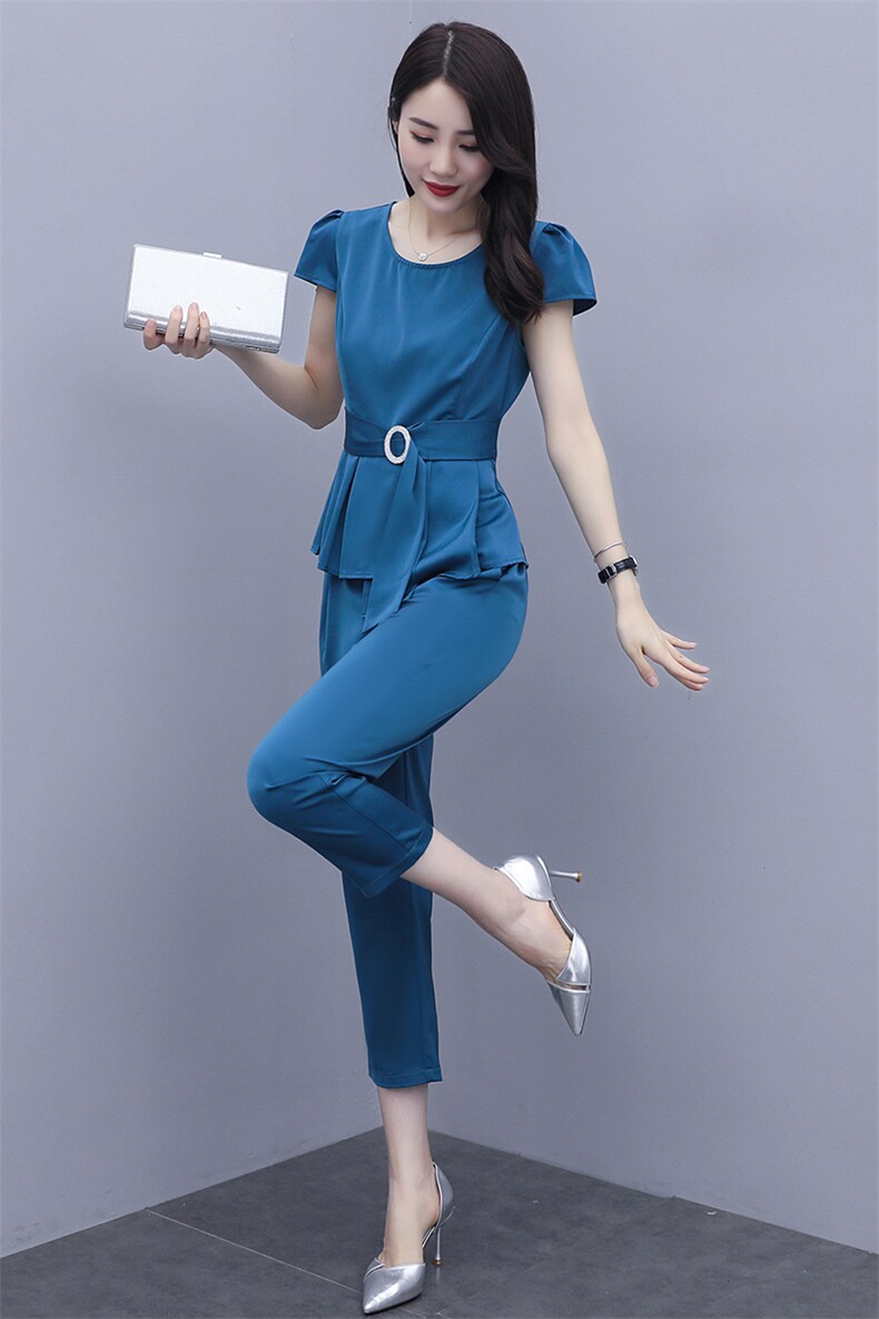 2021年夏季时尚瘦腿裤短袖套装修身显瘦洋气两件套,女装套装/套裙,丽美静依