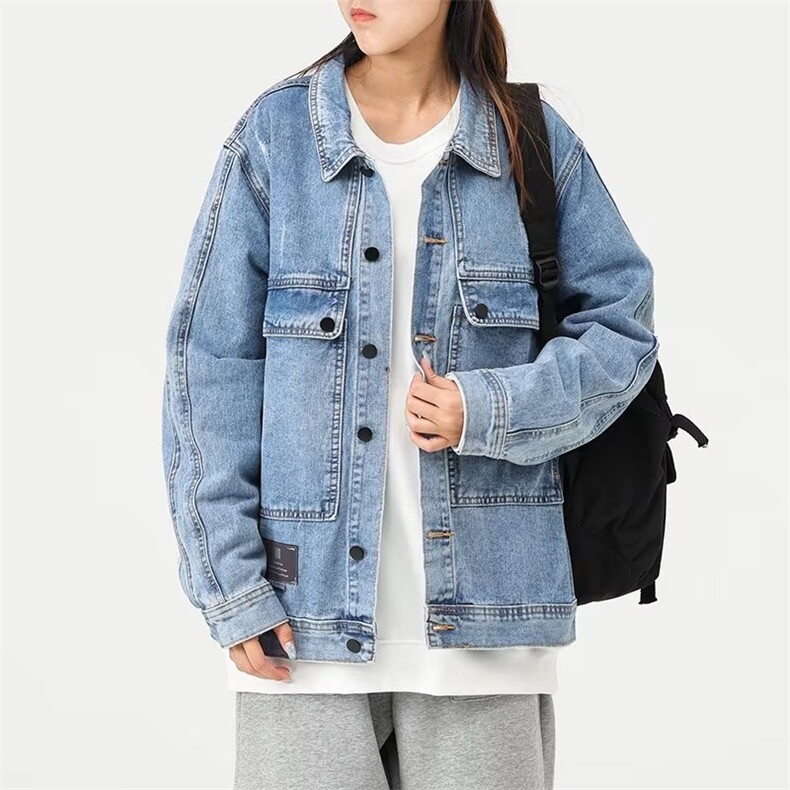 春款男女牛仔夹克工装口袋中性风贴标外套大码M-4XL JK009 P60图片