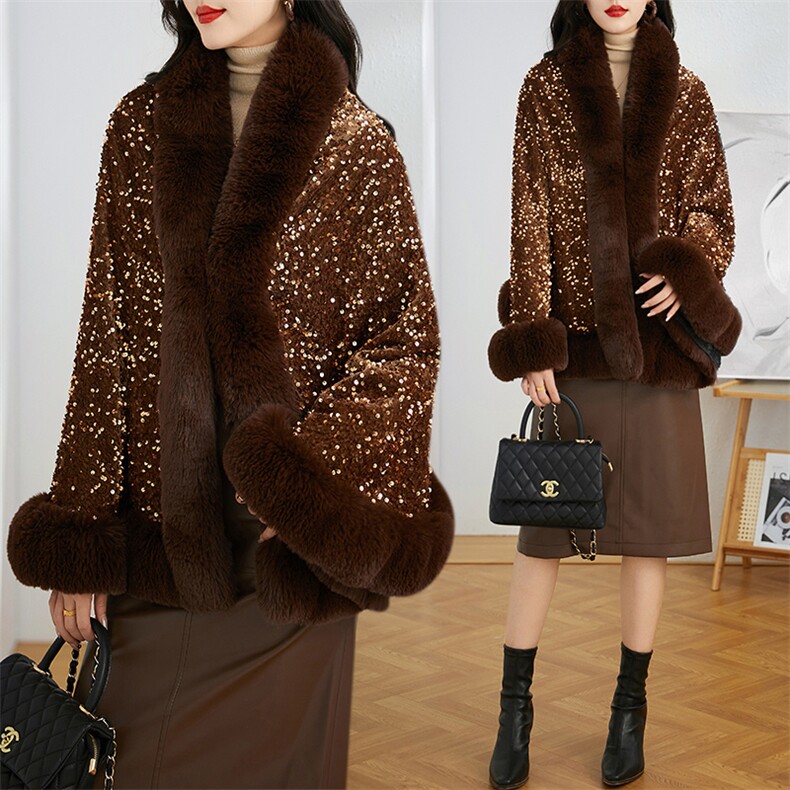 芷墨时尚简约冬新款带闪片纯色斗篷大衣外套显高显瘦V领短款斗篷，女装毛呢外套，芷墨服饰