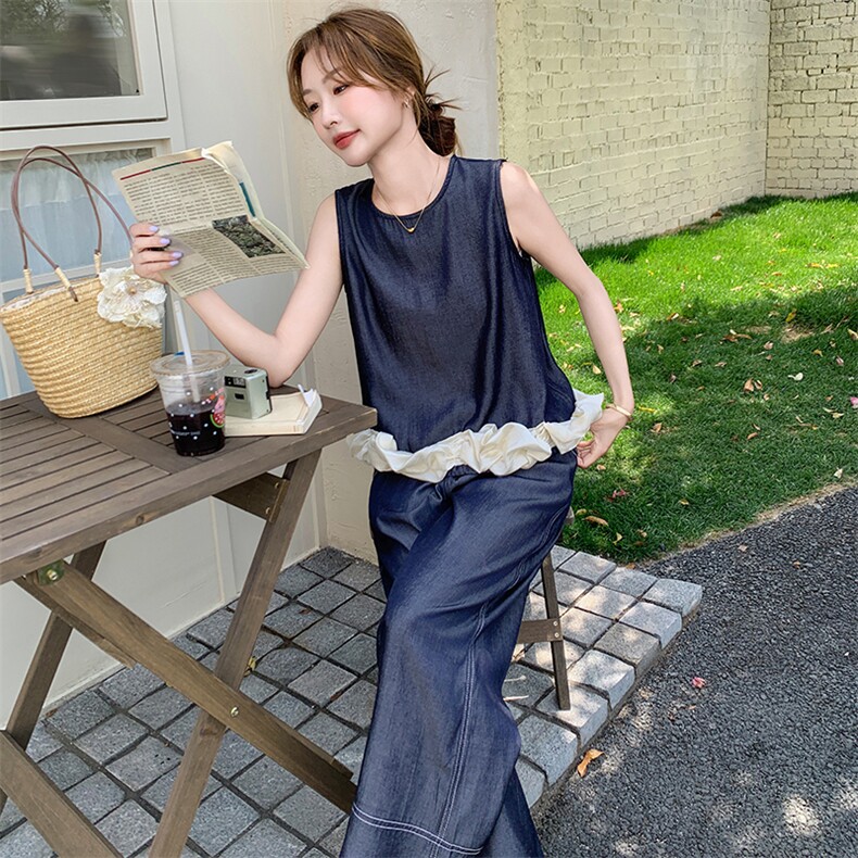 休闲无袖花边背心牛仔阔腿裤套装女2025夏季新款韩系高级感两件套,女装套装/套裙,2C283