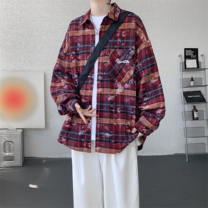 衬衫男秋季新款港风宽松大码格子扎染刺绣长袖衬衣CS3016-P38图片