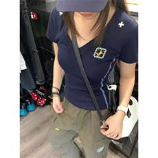H0835-P35原版做法+刺绣款修身正肩V领短袖T恤女，女装T恤，星座617A-2