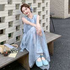 浅黄色漂亮绝美天丝无袖背心连衣裙女夏法式温柔甜美度假蛋糕长裙，女装连衣裙，霓裳依族