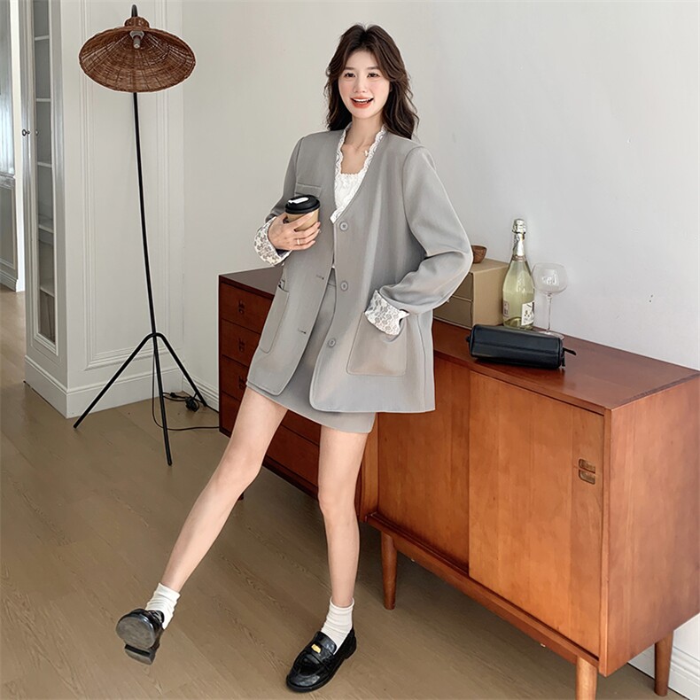 灰色气质休闲西装套装女2025春季新款蕾丝拼接西服上衣短裙两件套,女装套装/套裙,2D078