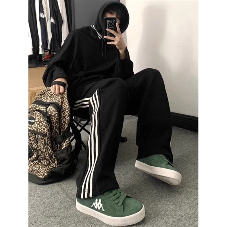 网络图，条纹运动美式新款休闲宽松直筒阔腿裤XZ302B-1-X19P38,男装休闲裤,星座302B-1