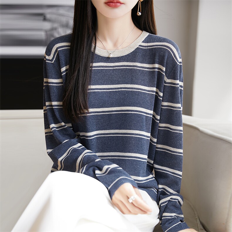 圆领天丝亚麻针织衫女2025夏季新款条纹长袖T恤宽松显瘦打底上衣,女装T恤,朝思羊绒