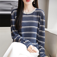 圆领天丝亚麻针织衫女2025夏季新款条纹长袖T恤宽松显瘦打底上衣，女装T恤，朝思羊绒