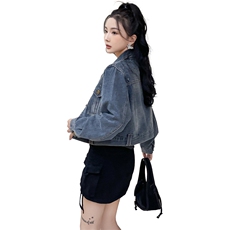 复古蓝休闲牛仔外套女2023年春秋新款设计感时尚显瘦夹克短外套潮，女装短外套，纯色衣恋