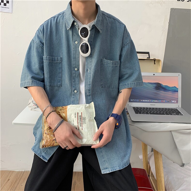 牛仔短袖衬衫男夏季薄款潮流五分袖衬衣ins百搭宽松外套CS50-p40,男装T恤,星座1008-2