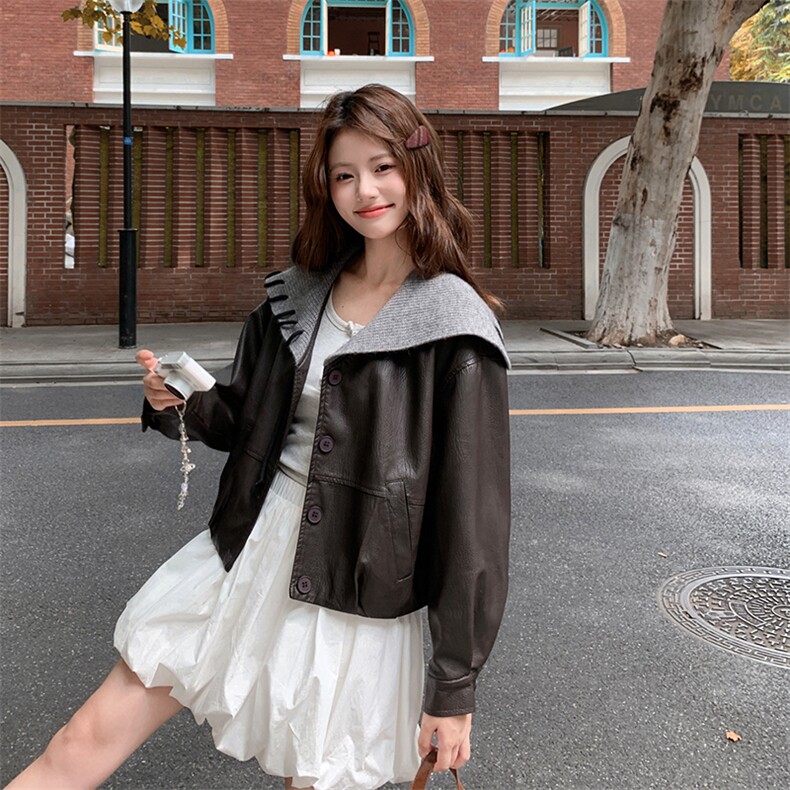 减龄针织大翻领休闲皮衣外套女秋季2025新款小个子机车服PU皮夹克,女装皮衣,2C092