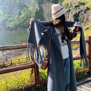 紫色高级感长款过膝双面羊毛大衣女2025冬季新款气质围巾毛呢外套图片