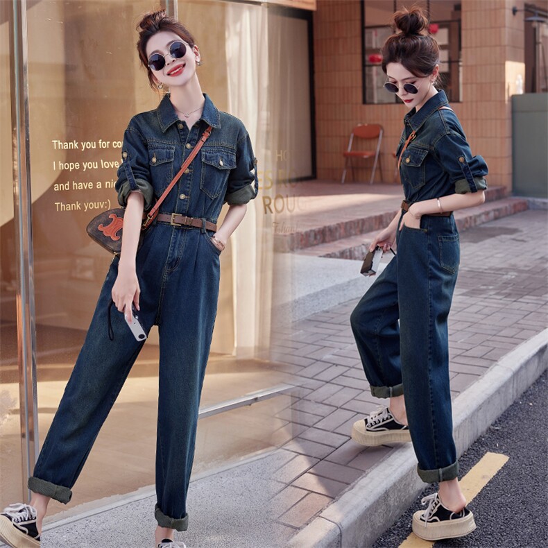 （现货）2026年春秋新款高级感时尚气质收腰显瘦工装牛仔连体裤女，女装连体裤，印象茜