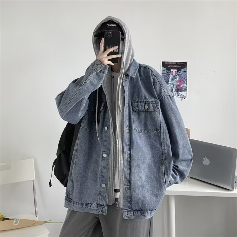 美式春秋连帽牛仔外套男高街vibe潮牌痞帅高级感假两件夹克套装男,男装工装外套,星座410-7