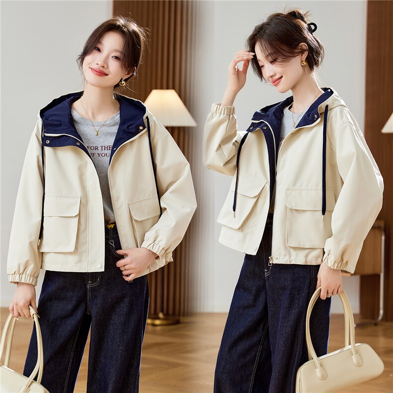休闲撞色连帽短款外套女2025秋新款宽松百搭时尚洋气减龄夹克上衣，女装风衣，木子恋