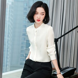 白色重磅真丝衬衫女长袖2025春装新款气质压褶职业百搭桑蚕丝上衣图片