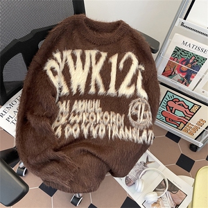 2025新款美式字母仿貂毛慵懒毛衣宽松情侣针织衫现货 W8476-P53图片