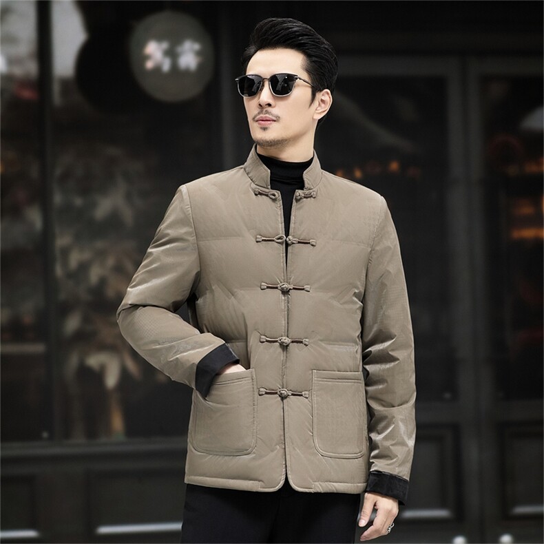 现货中年唐装90绒羽绒服男复古盘扣风羽绒服外套中式唐装，男装羽绒服，钱塘723