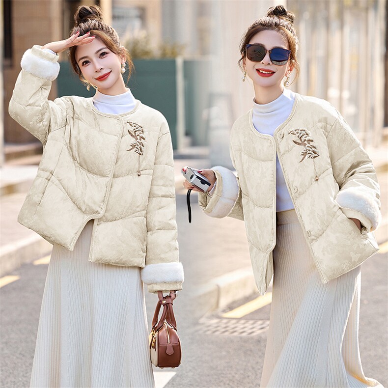 新中式提花羽绒服女2024冬季款毛绒拼接小个子白鸭绒短款外套,女装羽绒服,仟媚宠