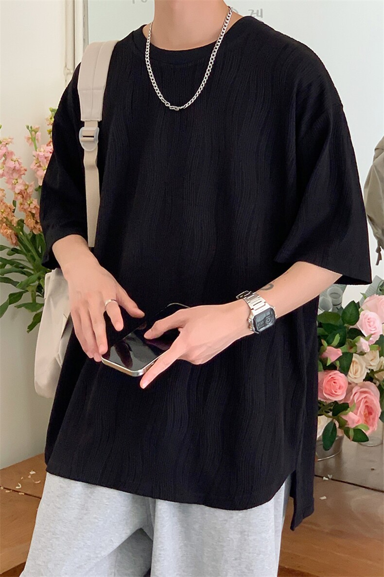 蓝色肌理短袖t恤男夏季薄款冰丝宽松2025新款设计感小众五分半袖,男装T恤,电商A141